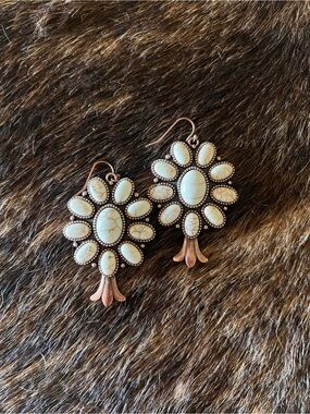 White Stone & Copper Floral Drop Earrings